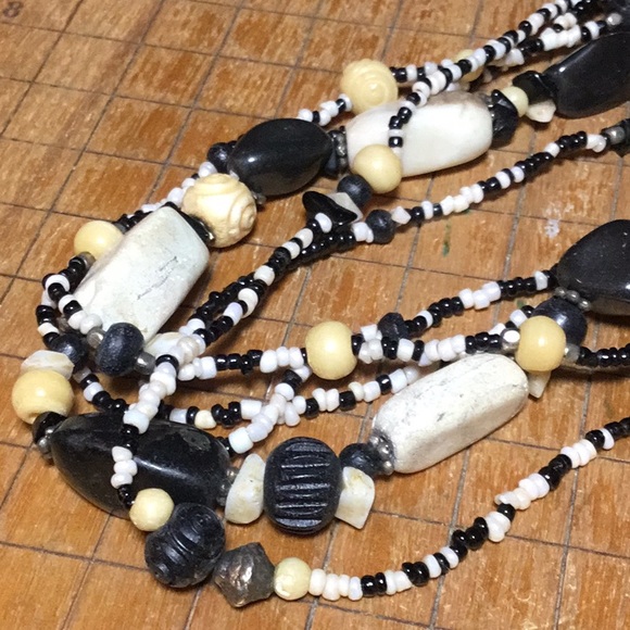 Black White Seed Beaded and Carved Beads Bohemian Necklace 18”L Adj Handmade EVC - Picture 1 of 10